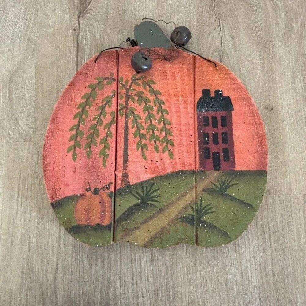 Primitive Hand Painted Wood Pumpkin Sign Folk Art Saltbox House Willow Tree 10”